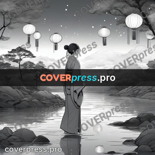 Anime line art: figure among lanterns above water