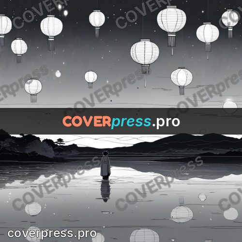 Anime line art: figure among lanterns above water