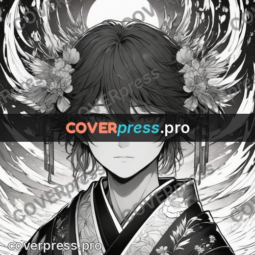 Anime line art: face in a kimono with flowers