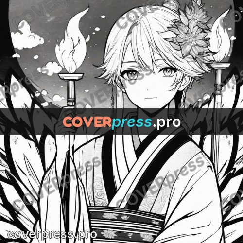 Anime line art: face in a kimono with flowers