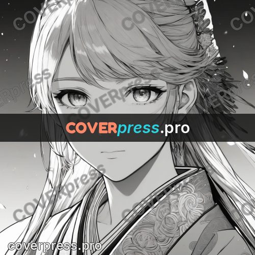 Anime line art: face in a kimono with flowers
