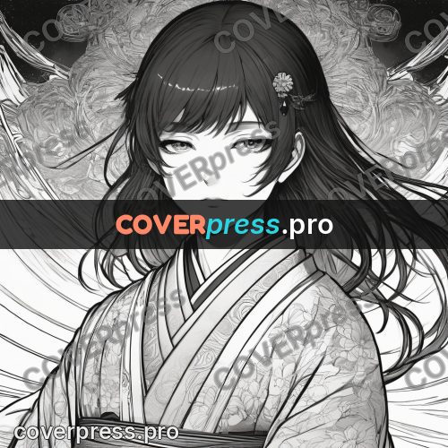Anime line art: face in a kimono with flowers