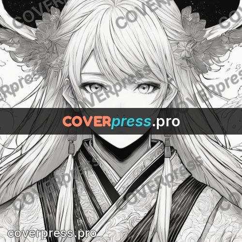 Anime line art: face in a kimono with flowers