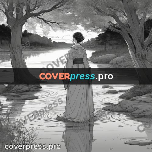 Anime line art: figure in a river
