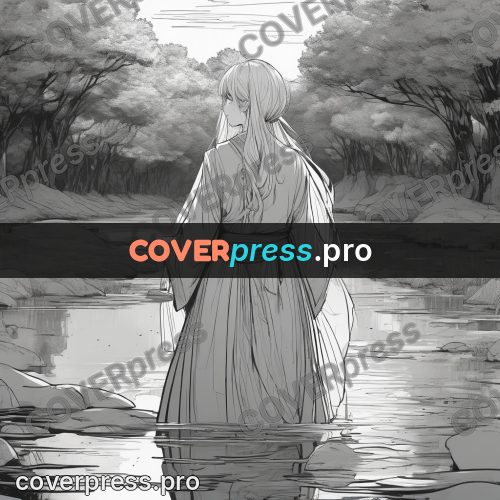 Anime line art: figure in a river