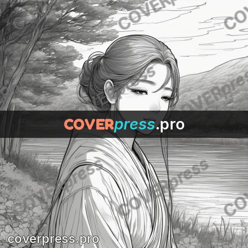 Anime line art: figure in a river