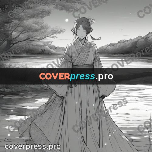 Anime line art: figure in a river