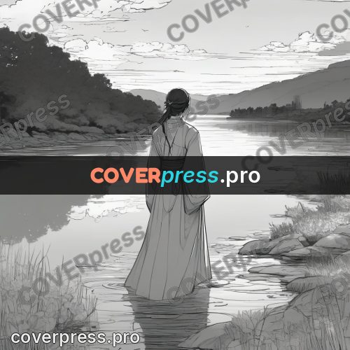 Anime line art: figure in a river