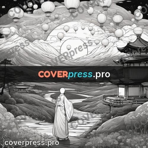 Anime line art: figure among floating lanterns