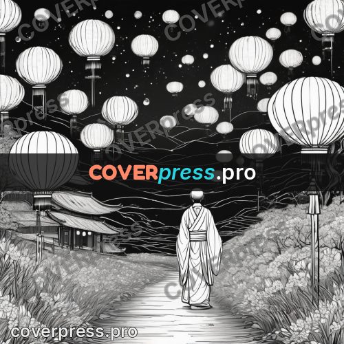 Anime line art: figure among floating lanterns