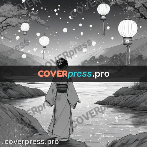 Anime line art: figure in a kimono by water