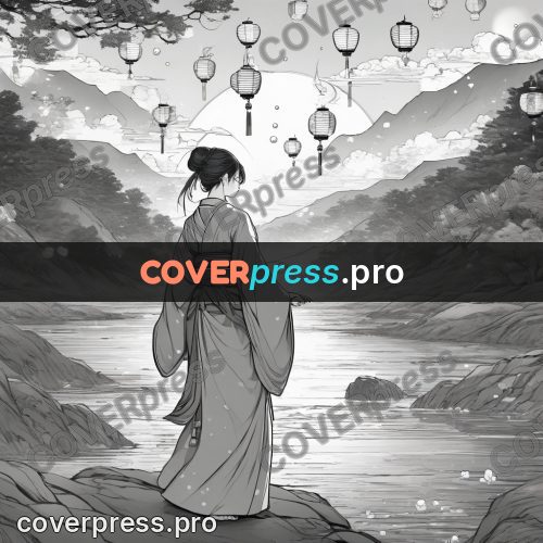 Anime line art: figure in a kimono by water