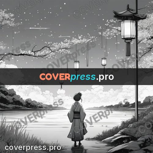 Anime line art: figure in a kimono by water