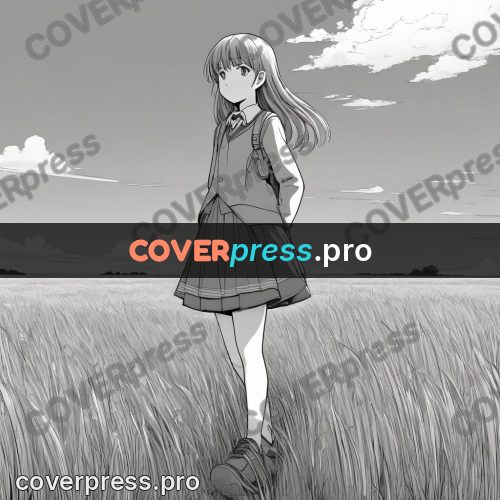 Anime line art: girl in uniform among the grass