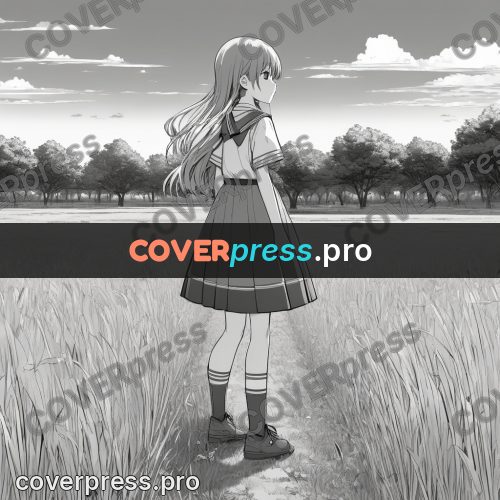 Anime line art: girl in uniform among the grass