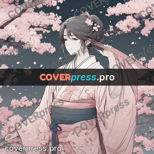 Anime line art: woman in a kimono under blossom