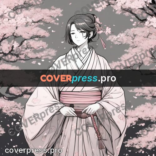 Anime line art: woman in a kimono under blossom