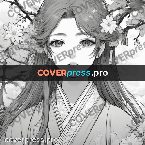 Anime line art: figure in a kimono among flowers