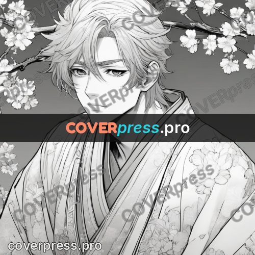 Anime line art: figure in a kimono among flowers