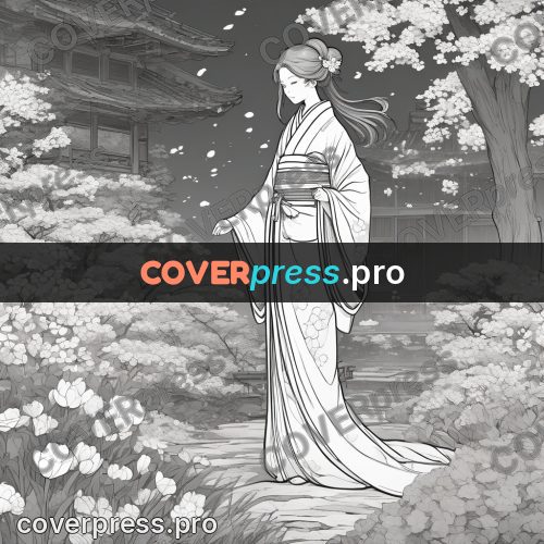 Anime line art: woman in a garden kimono