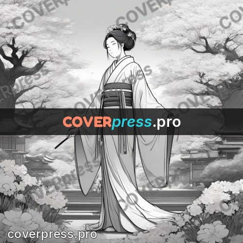 Anime line art: woman in a garden kimono