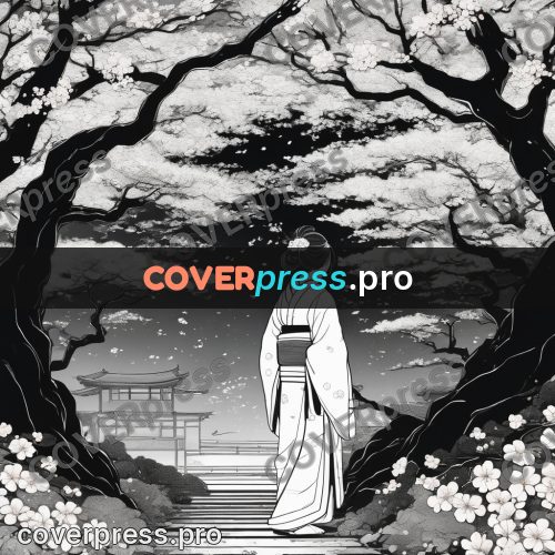 Anime line art: figure under an arch of branches
