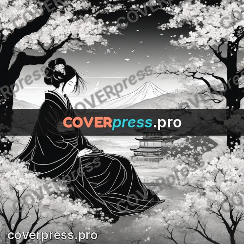 Anime line art: figure under an arch of branches