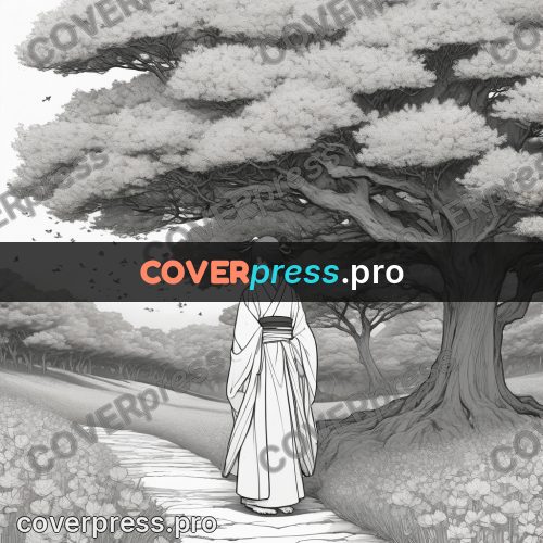 Anime line art: figure under a large tree