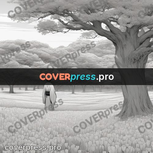 Anime line art: figure under a large tree