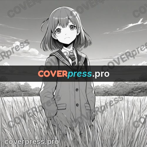 Anime line art: schoolgirl among tall grass