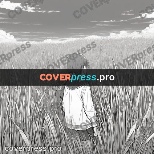 Anime line art: schoolgirl among tall grass
