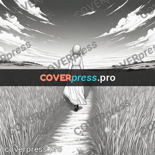 Anime line art: figure on a field path