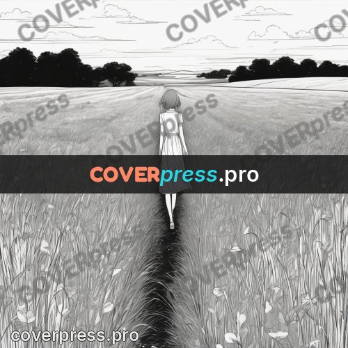 Anime line art: figure on a field path