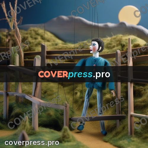 Puppet artwork: man at a fence in hills