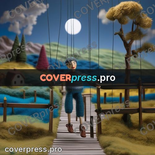 Puppet artwork: man at a fence in hills