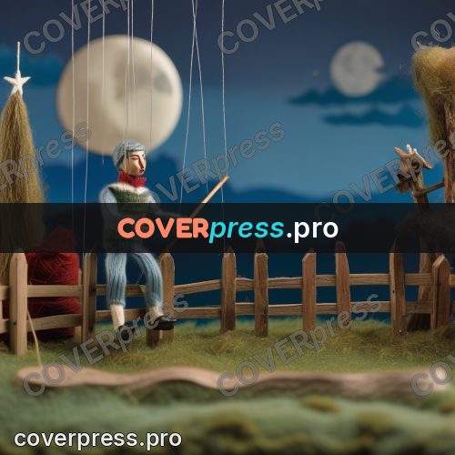 Puppet artwork: man at a fence in hills