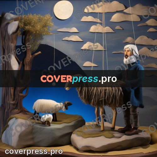 Puppet artwork: shepherd with a sheep by rocks