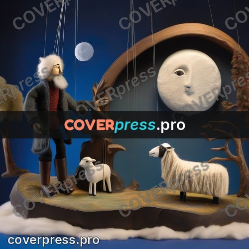 Puppet artwork: shepherd with a sheep by rocks