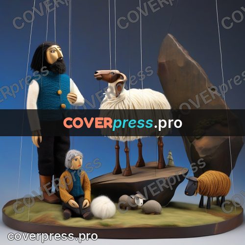Puppet artwork: shepherd with a sheep by rocks