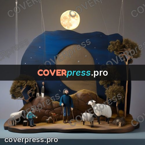 Puppet artwork: shepherd with a sheep by rocks