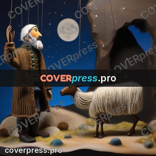 Puppet artwork: shepherd with a sheep by rocks