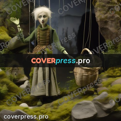 Puppet artwork: woman with a basket among rocks