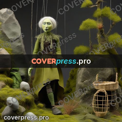 Puppet artwork: woman with a basket among rocks