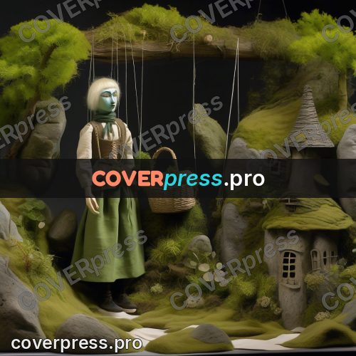 Puppet artwork: woman with a basket among rocks