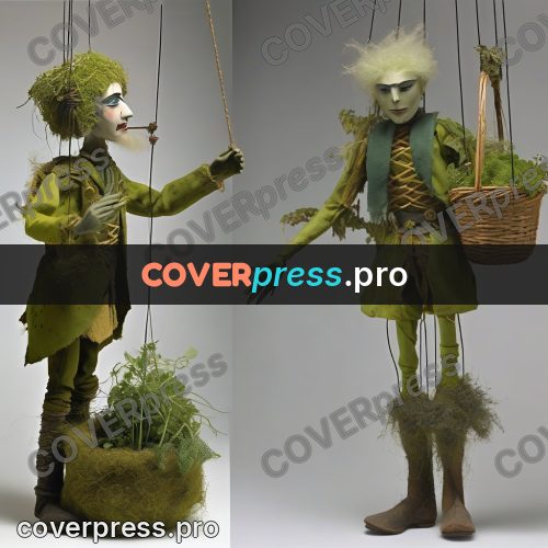 Puppet artwork: person in green with a basket