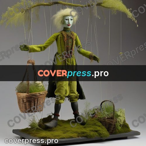 Puppet artwork: person in green with a basket