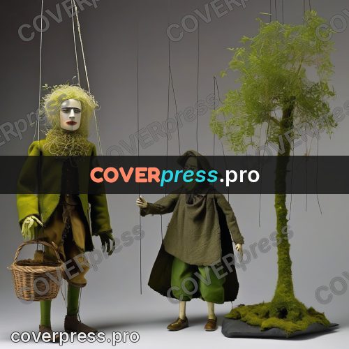Puppet artwork: person in green with a basket