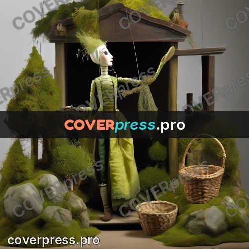 Puppet artwork: person in green with a basket