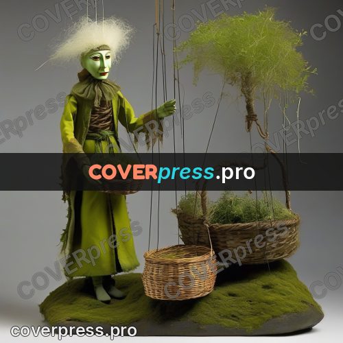 Puppet artwork: person in green with a basket