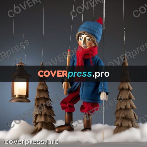 Puppet artwork: lamplighter with a pole in snow
